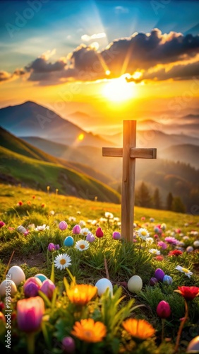 A photo of a small wooden Christian cross surrounded by colorful flowers and Easter eggs, with a stunning mountain sunrise casting golden light over t