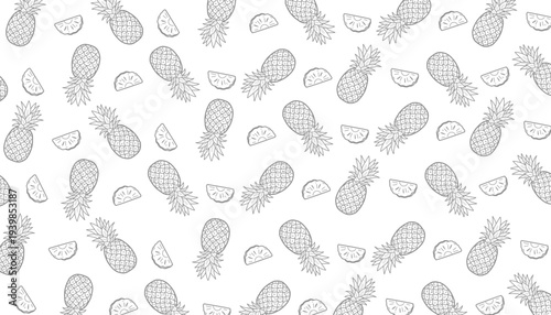 Pineapple Seamless Pattern Vector. Hand Drawn Tropical Fruit. Outline Doodle Illustration Style. Repeating Summer Food Motif. Decorative Textile Packaging Design.
