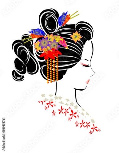 女性の顔、日本髪、着物