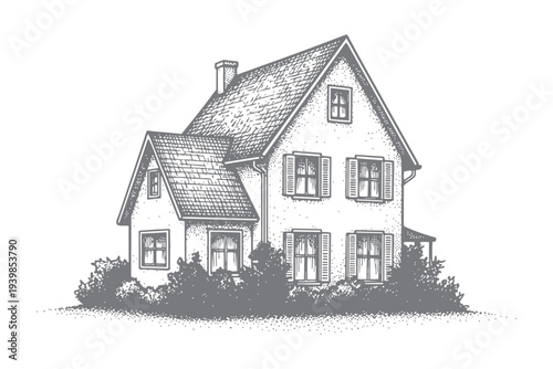 Two-story house with bushes, architectural illustration, residential building vector