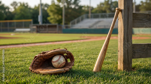 Baseball glove with ball and wooden bat on grass field, classic baseball equipment on empty stadium background