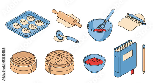 Collection of isometric cooking and baking utensils ingredients and tools for preparing delicious food at home