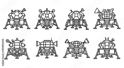 Collection of retro space lander designs vintage lunar module icons and sci fi exploration vehicle illustrations