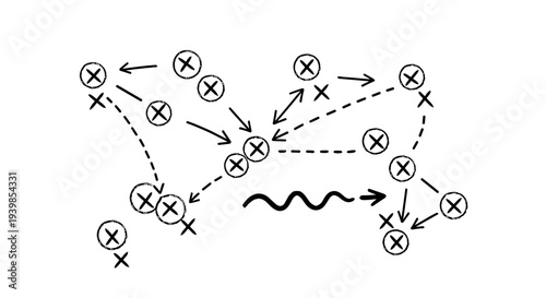 Strategic play diagram with arrows and x marks illustrating team movement and tactics for sports or business planning