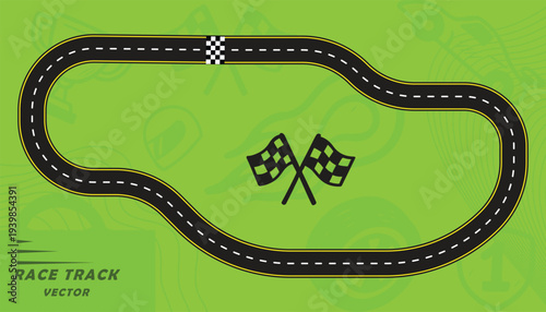 Creative vector illusion of race track or road symbol isolated on green background.