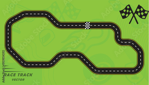 Creative vector illusion of race track or road symbol isolated on green background.