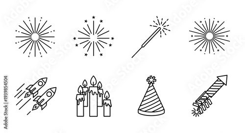 Collection of hand drawn black and white line art icons representing celebration and festivities including fireworks