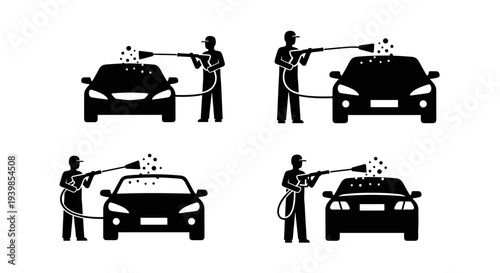 Set of four black silhouette icons depicting a person washing a car with a hose and pressure washer showcasing