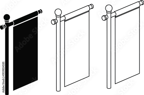 Black and white curtain rod brackets with different designs isolated on transparent background, Vector