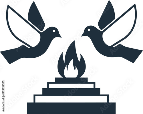 Doves flying over flame on pedestal isolated on transparent background, Vector