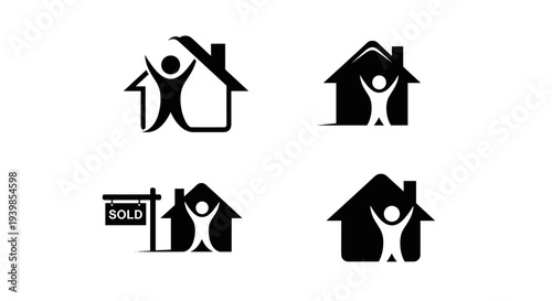Set of four stylized black and white graphic icons representing home ownership real estate and happy families