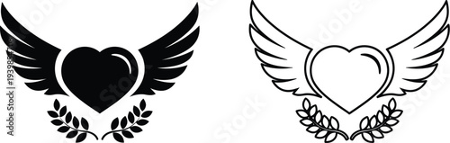 Winged heart symbols with laurel leaves isolated on transparent background, Vector