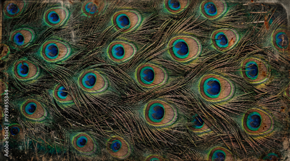 Obraz premium Peacock feathers creating an iridescent eye pattern background