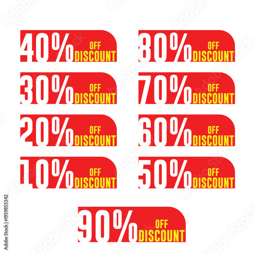 Big Discount Sale Stickers Set 10% 20% 30% 40% 50% 70% 90% Off Promotional Labels