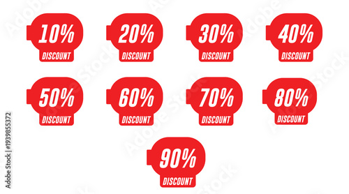 Red Percentage Discount Badges Set – 10% to 90% Sale Labels