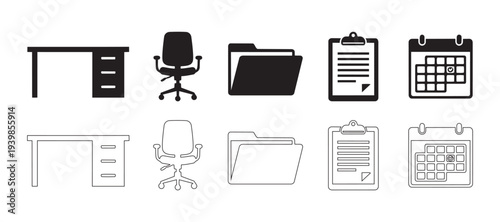 Office furniture set including desk chair folder and calendar icons for workspace interior design