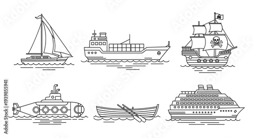 Collection of diverse watercraft illustrations including a sailboat cargo ship pirate galleon submarine rowboat