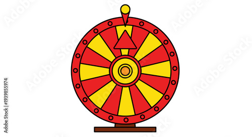 Vibrant red and yellow spinning prize wheel with triangle pointer isolated on white background symbolizing chance