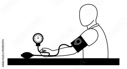 Person's arm with blood pressure cuff and manometer medical checkup concept line art illustration isolated on white
