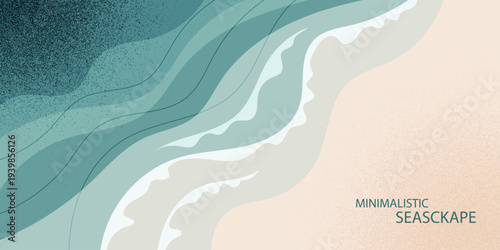 Minimalistic seascape, stylized seashore, surf line, vector illustration