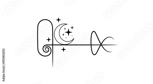 Unalome Symbol with Moon and Stars Tattoo, Spiritual Path Minimalist Design, Serene Flow.