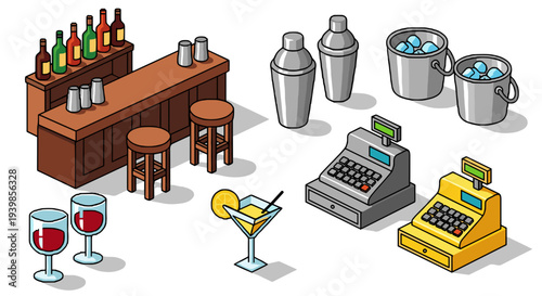Isometric illustration of a bar counter with stools bottles cocktail glasses shakers ice buckets and cash registers