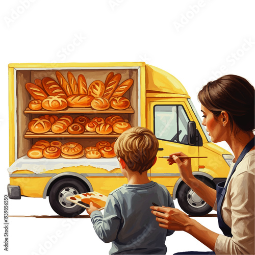 Woman and child painting a yellow bakery van with bread