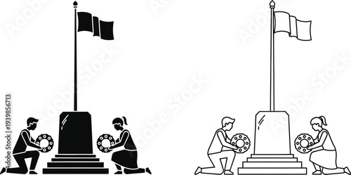 People laying flowers at war memorial with flags isolated on transparent background, Vector