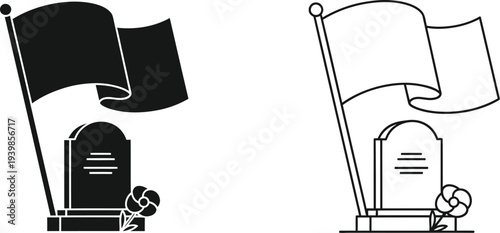 Black and white tombstones with flags isolated on transparent background, Vector
