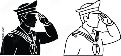 Sailor saluting silhouette and line art isolated on transparent background, Vector