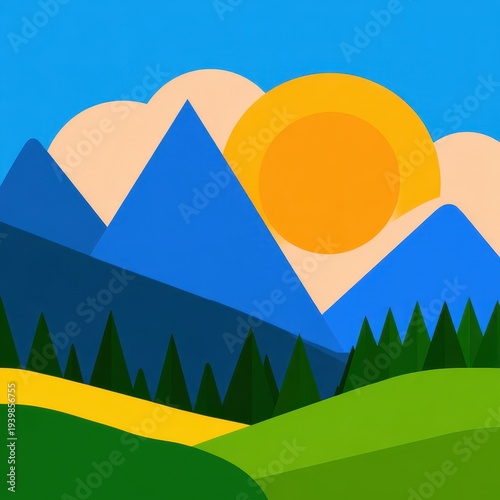 Stylized Mountain Landscape with Sun and Trees, Flat Design Illustration.