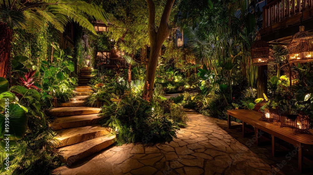 Fototapeta premium Serene Night Garden Pathway Surrounded by Lush Foliage and Warm Ambient Lighting in a Tropical Setting