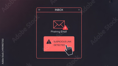 Phishing email notification with warning symbol and cursor clicking on link in inbox