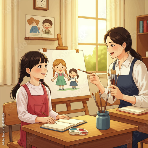 Art teacher guiding young student in painting class