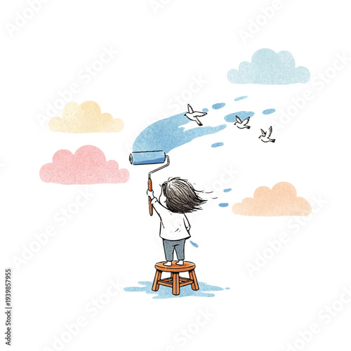 Little girl painting blue sky with clouds and birds on a stool