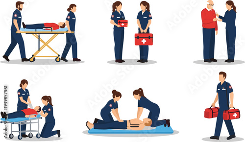 Paramedics and emergency medical technicians providing first aid life support and patient transport with stretcher in flat vector illustration style
