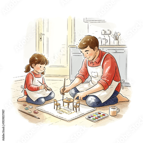 Father and daughter painting miniature furniture together in kitchen
