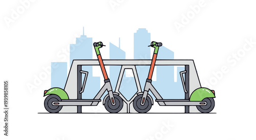 Flat vector illustration of electric scooters parked at a city docking station, representing modern micro-mobility, urban transportation, and shared eco-friendly travel solutions.