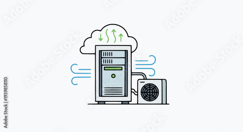 Flat vector illustration of a server tower connected to a cooling system, representing cloud computing infrastructure, data center thermal management, and IT hardware cooling solutions.