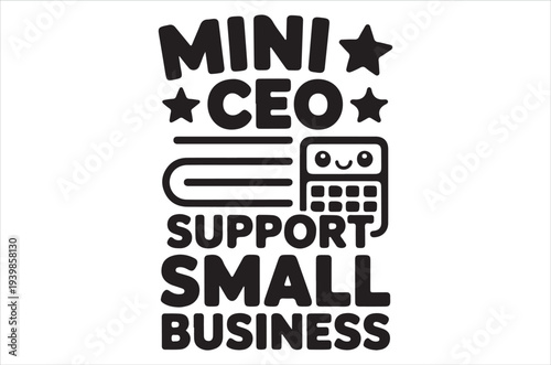 Mini ceo support small business graphic with stars and laptop illustration