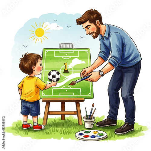 Father teaching son soccer strategy painting on easel outdoors