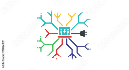 Vector icon of an electrical distribution hub or central power source with branching circuits. Concept for smart grid technology, energy distribution, and complex network infrastructure.