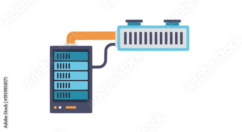 Vector illustration of a server rack connected to a liquid cooling unit. Concept for advanced data center thermal management, server cooling infrastructure, and IT hardware performance optimization.