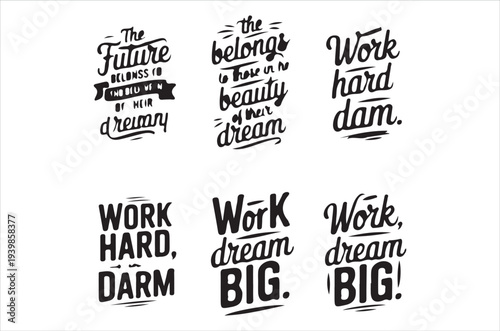 Motivational typography prints with phrases about dreams beauty and hard work
