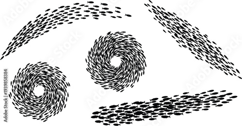 School of fish shoal silhouettes set in various shapes including swirl circle and wave patterns isolated on white background vector illustration