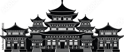 Traditional Asian pagoda temple architecture silhouette black and white oriental palace building facade isolated on white background vector illustration