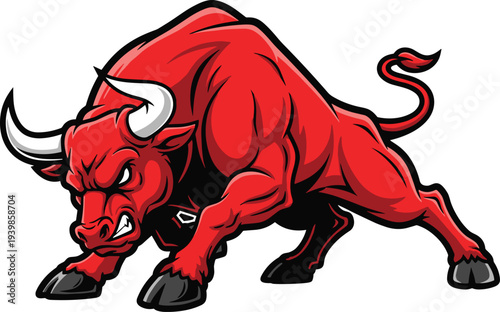 Powerful red bull mascot illustration with sharp horns in a dynamic charging pose for sports team or gym logo