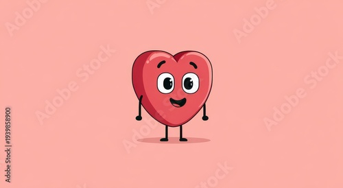 Cartoon Heart Character with Googly Eyes and Smiling Face on Pink Background.