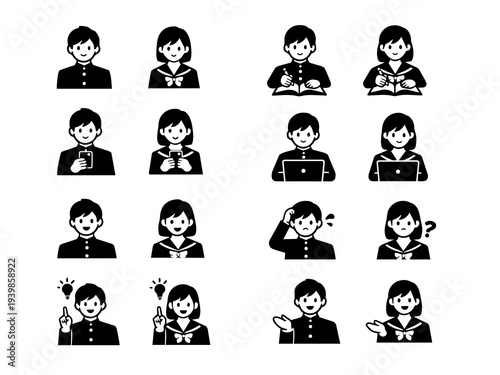 High school student icon set, simple monochrome pictogram of male and female students studying, smartphone and laptop
高校生アイコンセット シンプルな男女学生のモノクロピクトグラム 勉強 スマホ パソコン