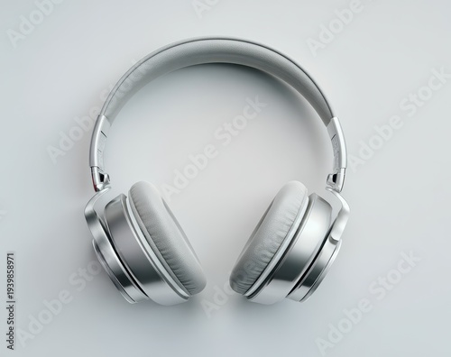 Sleek Silver Headphones - Minimalist Still Life on White Background, Studio Lighting.
